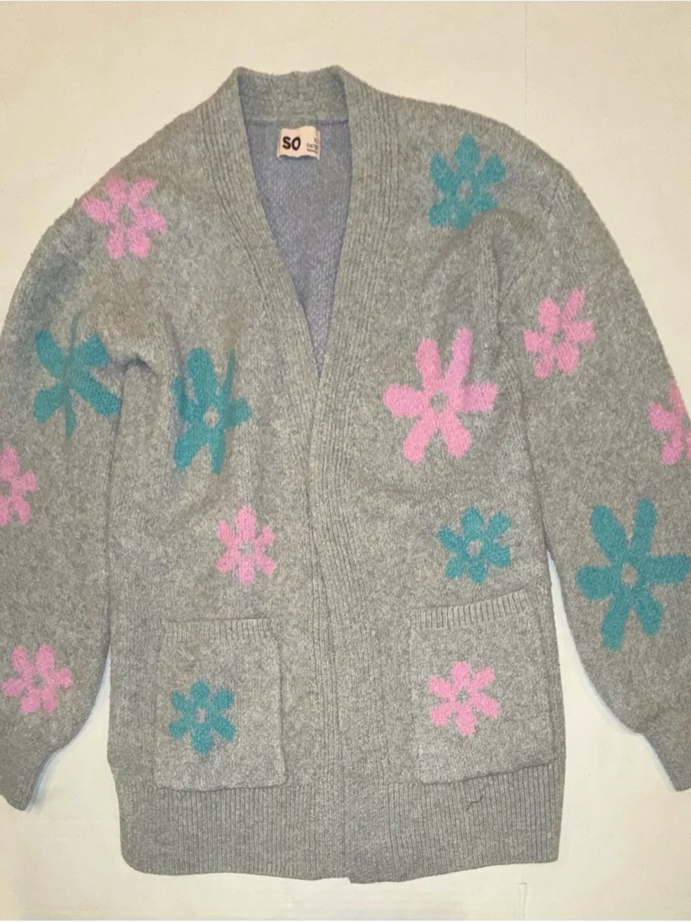 SO Gray Open-Front Floral Cardigan with Pink & Teal Flowers